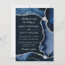 Invitación Boda de Ágata Falsa Brillante Azul y Plateado