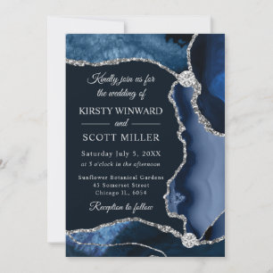 Invitación Boda de Ágata Falsa Brillante Azul y Plateado
