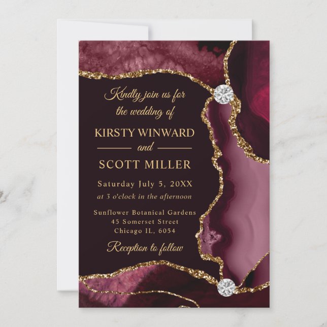 Invitación Boda de Ágata Falsa Brillante Rojo y Dorado (Anverso)