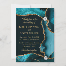 Invitación Boda de Ágata Falsa Brillante Verde Azul y Dorado