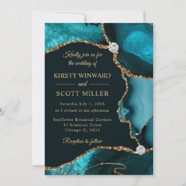 Invitación Boda de Ágata Falsa Brillante Verde Azul y Dorado