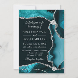 Invitación Boda de Ágata Falsa Brillante Verde Azul y Plata