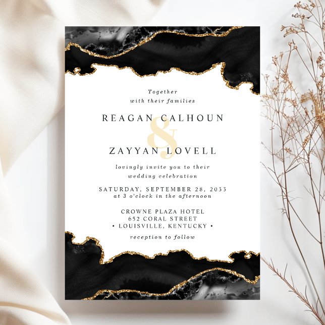 Invitación Boda de Ágata Mármol Negro y Dorado (Subido por el creador)