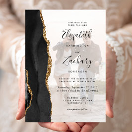 Invitación Boda de ágata negra y oro con foto personalizada