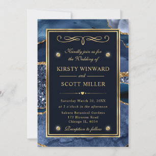 Invitación Boda de Agata Oceánica con Brillo Azul y Dorado El