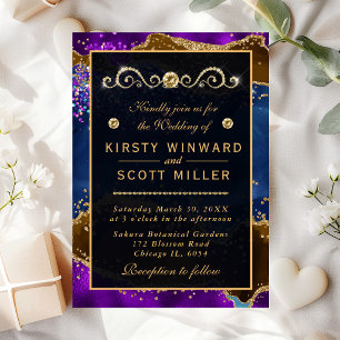 Invitación Boda de ágata pavo real azul y morado y purpurina 