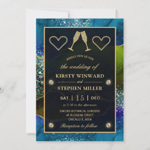 Invitación Boda de Ágata Pavo Real con Brillo Azul, Verde y D