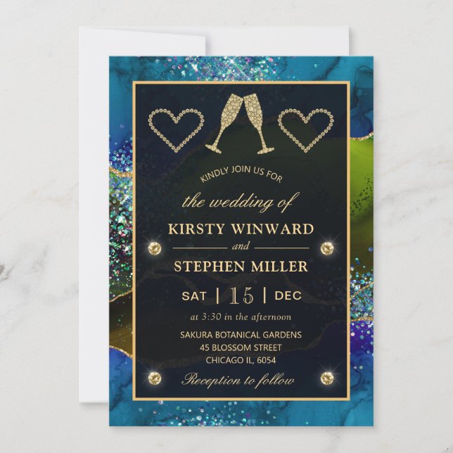 Invitación Boda de Ágata Pavo Real con Brillo Azul, Verde y D (Anverso)