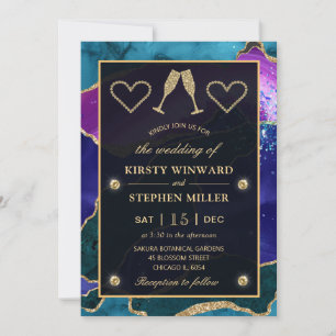 Invitación Boda de Ágata Pavo Real con Brillo Teal, Púrpura y