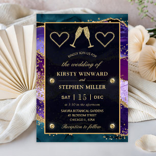 Invitación Boda de Ágata Pavo Real Verde Azul, Púrpura y Dora