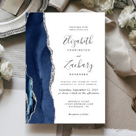 Invitación Boda de ágata plateada azul marino moderna