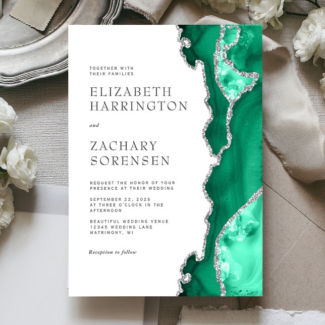 Invitación Boda de Ágata Plateada Verde Espuma de Mar (Subido por el creador)