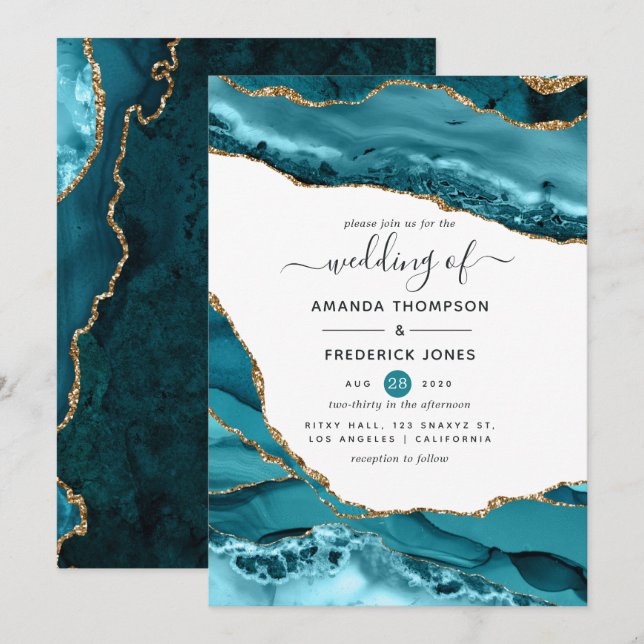 Invitación Boda de Ágata Teal y Dorado (Anverso / Reverso)