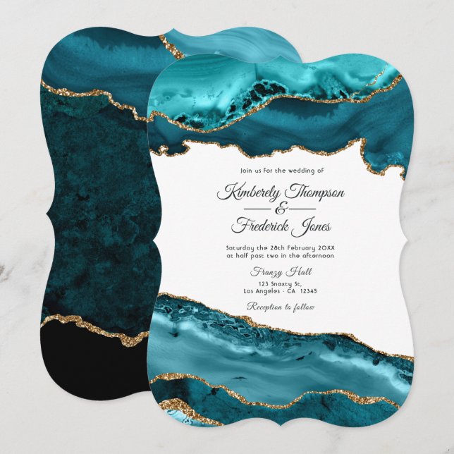Invitación Boda de Ágata Teal y Oro (Anverso / Reverso)