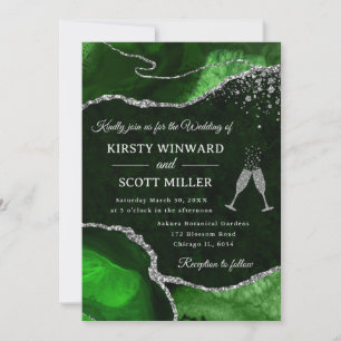 Invitación Boda de Ágata Verde y Plata con Brillo