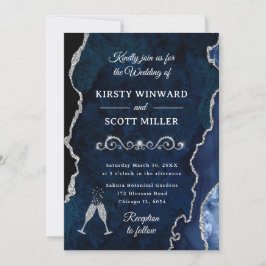 Invitación Boda de Ágata y Mármol Azul Marino y Brillo de Pla