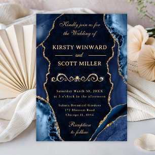 Invitación Boda de Agata y Mármol Brillante Azul y Dorado