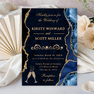 Invitación Boda de Agata y Mármol Brillante Azul y Dorado