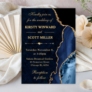 Invitación Boda de ágata y mármol con brillo azul y dorado