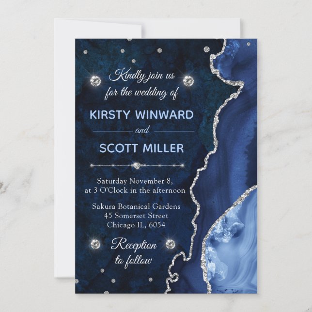 Invitación Boda de ágata y mármol con brillo azul y plata (Anverso)