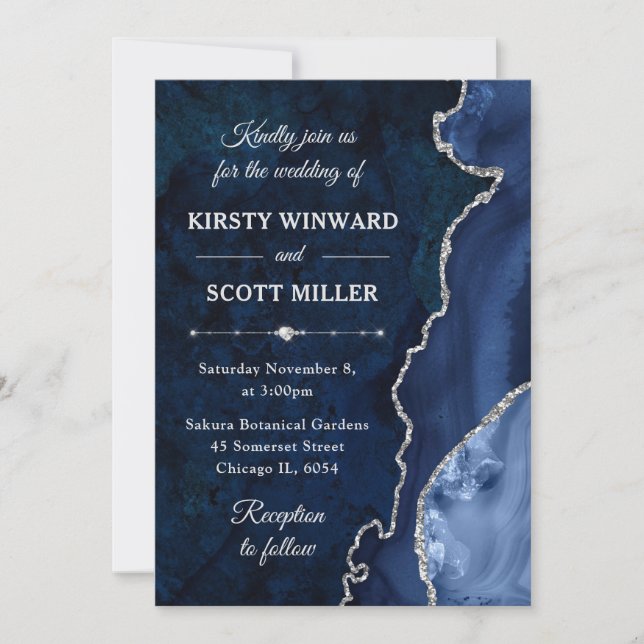 Invitación Boda de ágata y mármol con brillo azul y plata (Anverso)
