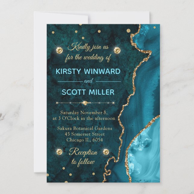 Invitación Boda de ágata y mármol con brillo de turquesa y do (Anverso)