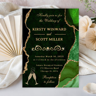 Invitación Boda de Agata y Mármol con Brillo Dorado y Verde