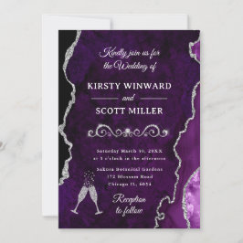 Invitación Boda de ágata y mármol con brillo púrpura y plata