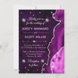 Invitación Boda de ágata y mármol con brillo púrpura y plata