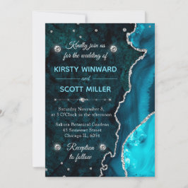 Invitación Boda de ágata y mármol con brillo teal y plata