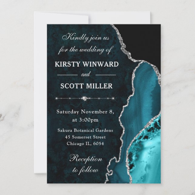 Invitación Boda de ágata y mármol con brillo teal y plata (Anverso)