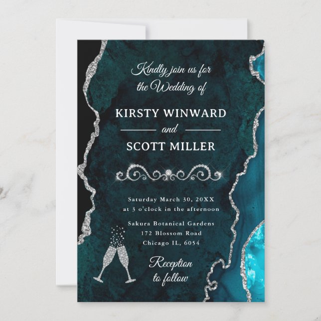 Invitación Boda de ágata y mármol con brillo teal y plata (Anverso)