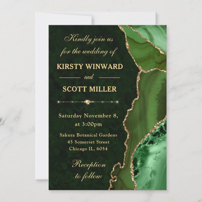 Invitación Boda de Ágata y mármol con brillo verde y dorado (Anverso)