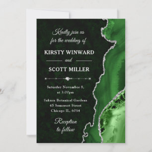 Invitación Boda de ágata y mármol con brillo verde y plata
