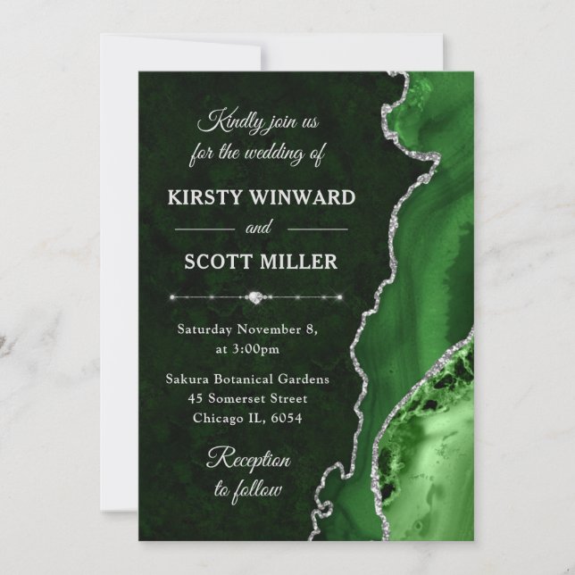 Invitación Boda de ágata y mármol con brillo verde y plata (Anverso)