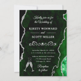 Invitación Boda de ágata y mármol con brillo verde y plateado