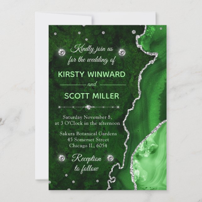 Invitación Boda de ágata y mármol verde y plata con brillo (Anverso)
