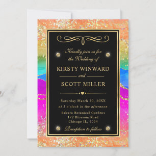 Invitación Boda de Agata y Oro con Glitter Arcoíris Elegante