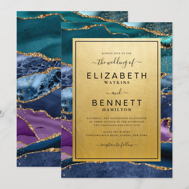 Invitación Boda de Agate de Oro Azul Púrpura verde azulado (Anverso / Reverso)