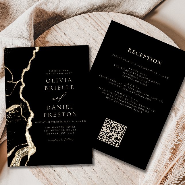Invitación Boda de Agate de Oro Negro Código QR Elegante (Subido por el creador)