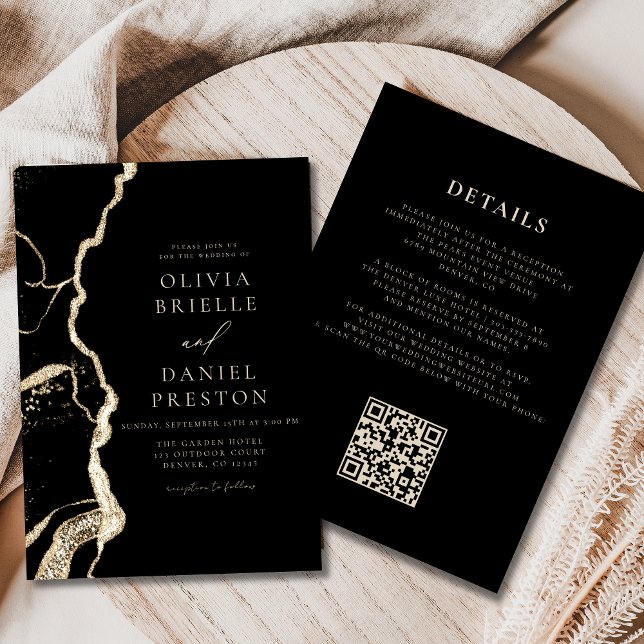Invitación Boda de Agate de Oro Negro Código QR Elegante (Subido por el creador)