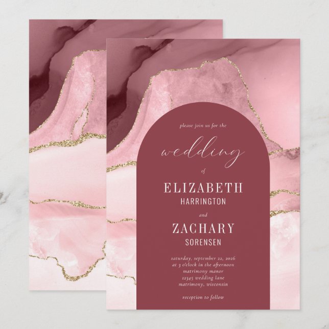 Invitación Boda de Agate de Oro Rosado de Arco Moderno Rubor (Anverso / Reverso)