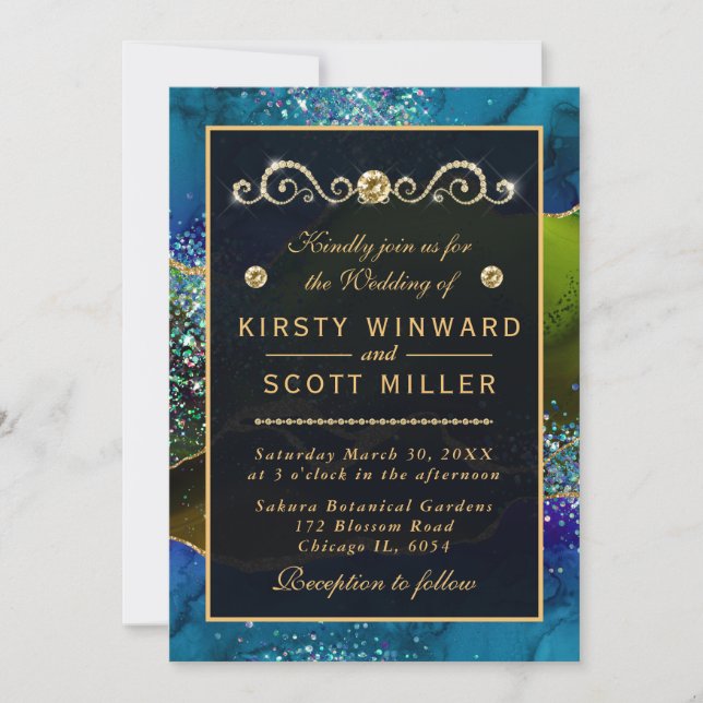Invitación Boda de Agate de Peacock Azul y Verde y purpurina  (Anverso)
