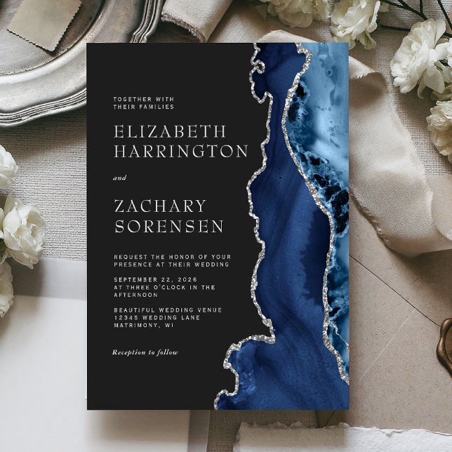 Invitación Boda de Agate Navy Blue Silver (Subido por el creador)