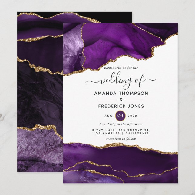 Invitación Boda de Agate Purple and Gold (Anverso / Reverso)