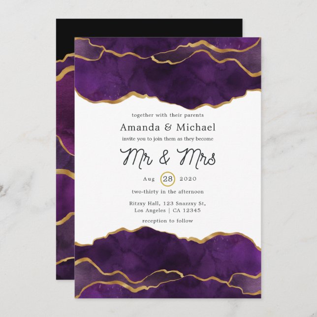 Invitación Boda de Agate Purple and Gold (Anverso / Reverso)