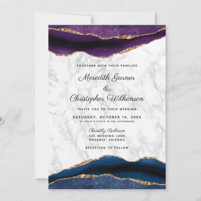 Invitación Boda de Agate Purple Purpurina de Oro Azul (Anverso)