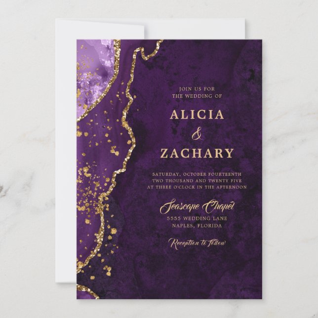 Invitación Boda de Agate Purple Purpurina Gold (Anverso)