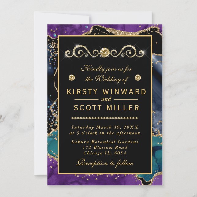 Invitación Boda de Agate Purpurina de oro Verde azulado morad (Anverso)