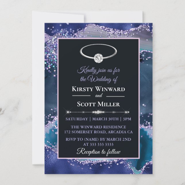 Invitación Boda de Agate Purpurina Púrpura Azul (Anverso)